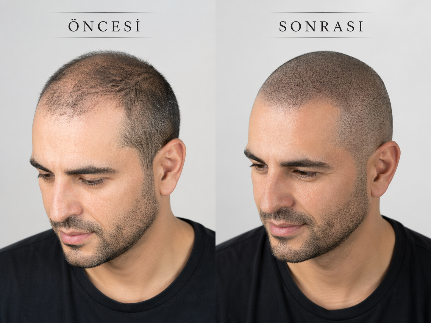 Kafa derisi mikropigmentasyonu öncesi sonrası tepe bölgesi saç simülasyonu örneği