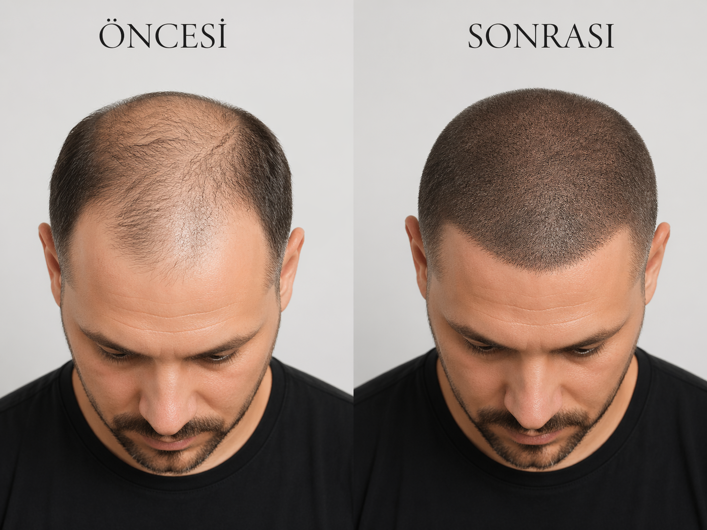 Doğal saç simülasyonu öncesi sonrası saç gölgelendirme ve saç çizgisi tasarımı örneği