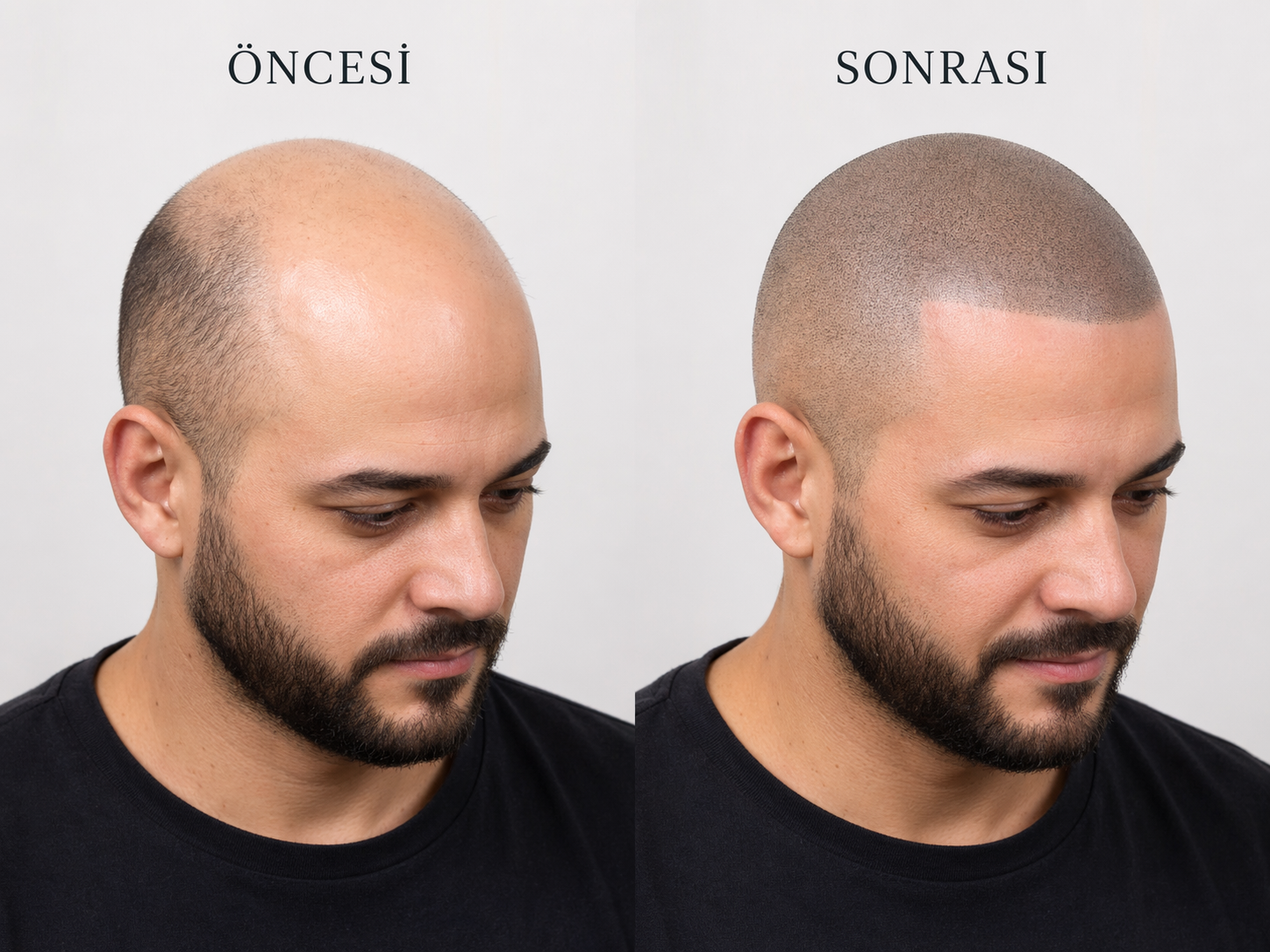 Öncesi sonrası saç simülasyonu ile kellik görünümü kapatma örneği